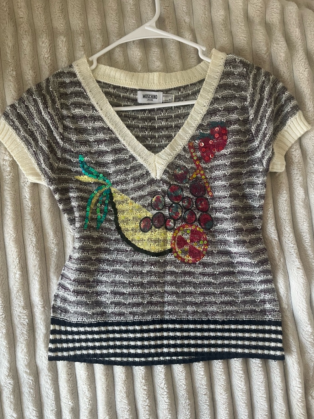Moschino Gray Striped Knit Tank with Colorful Sequin Fruit Motif